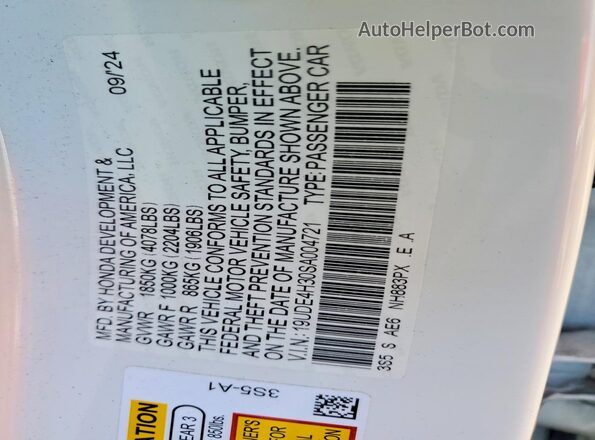 19UDE4H30SA004721 2025 ACURA INTEGRA White Widok naklejki z numerem VIN