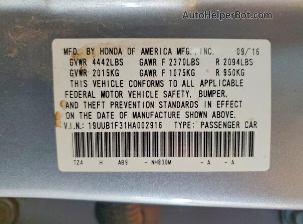 19UUB1F31HA002916 2017 ACURA TLX Silver Vista del compartimento del motor