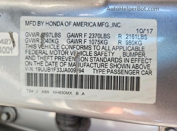 19UUB1F33JA009694 2018 ACURA TLX Silver Շարժիչի բաժամունքի տեսք