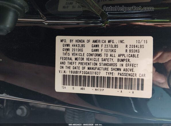 19UUB1F35GA001637 2016 ACURA TLX Black Вид підкапотного простору