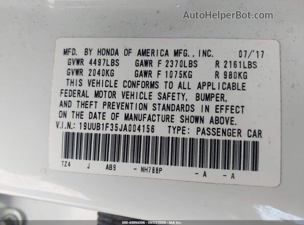 19UUB1F35JA004156 2018 ACURA TLX Белый Вид подкапотного пространства