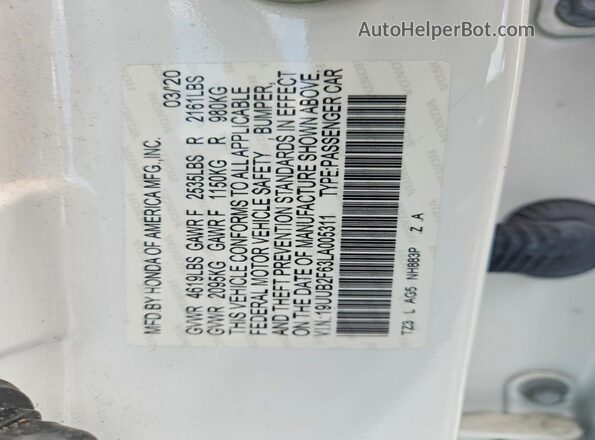19UUB2F63LA005311 2020 ACURA TLX White Շարժիչի բաժամունքի տեսք