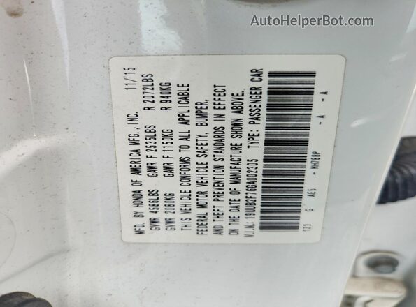 19UUB2F76GA002305 2016 ACURA TLX White VIN კოდის სტიკერის ხედი