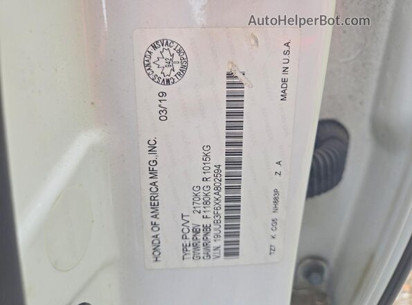 19UUB3F6XKA802594 2019 ACURA TLX White Вид підкапотного простору