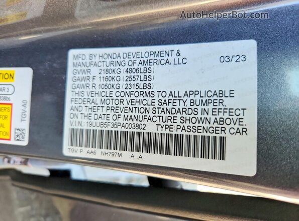 19UUB5F35PA003802 2023 ACURA TLX Gray ძრავის განყოფილების ხედი