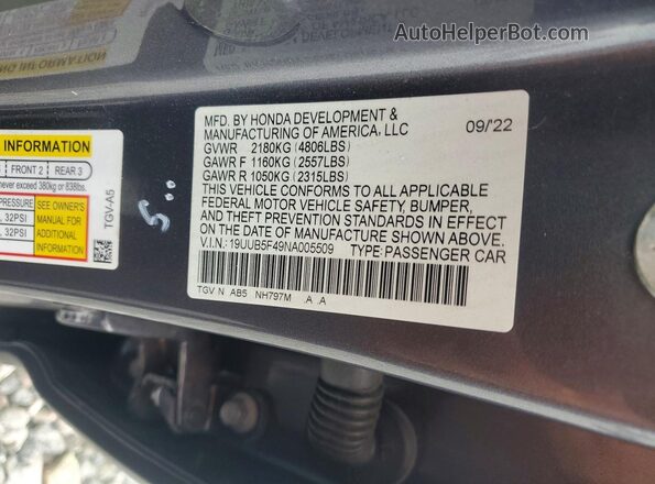 19UUB5F49NA005509 2022 ACURA TLX Gray VIN կոդի պիտակի տեսք