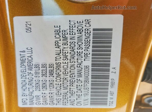 19UUB7F08MA000096 2021 ACURA TLX Orange ძრავის განყოფილების ხედი