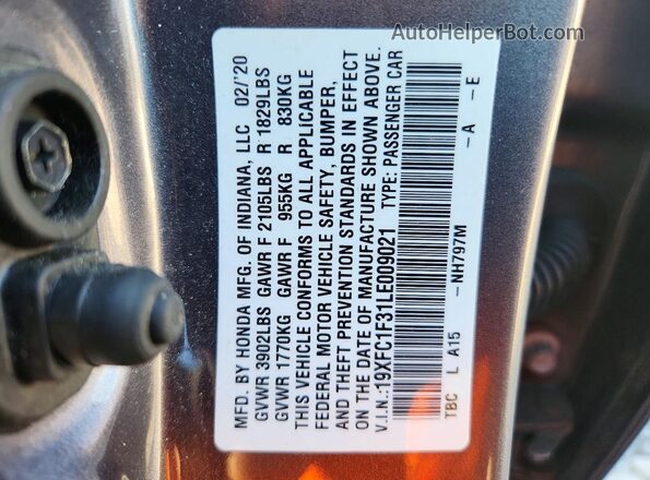 19XFC1F31LE009021 2020 HONDA CIVIC Gray ძრავის განყოფილების ხედი