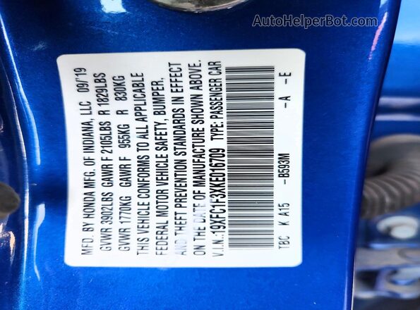 19XFC1F3XKE016709 2019 HONDA CIVIC Blue Engine compartment view