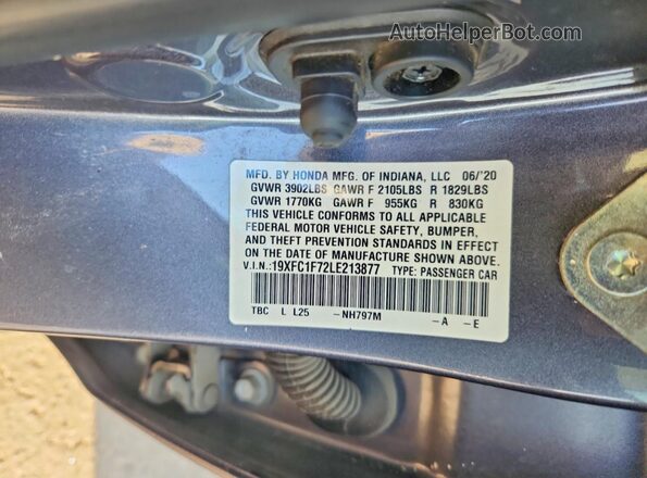 19XFC1F72LE213877 2020 HONDA CIVIC Gray Widok naklejki z numerem VIN