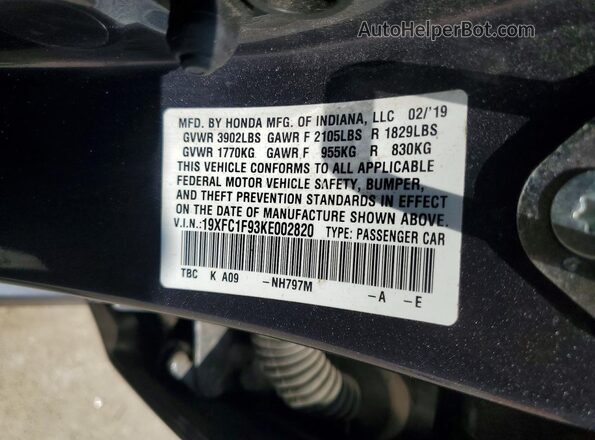 19XFC1F93KE002820 2019 HONDA CIVIC Gray Vista del compartimento del motor