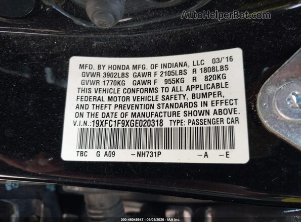 19XFC1F9XGE020318 2016 HONDA CIVIC Black Widok komory silnika