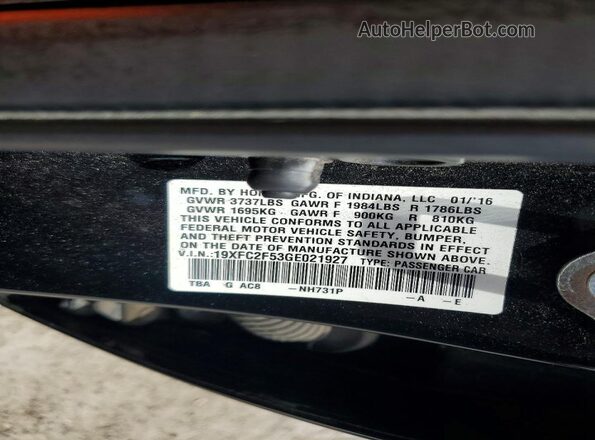 19XFC2F53GE021927 2016 HONDA CIVIC Black Widok naklejki z numerem VIN