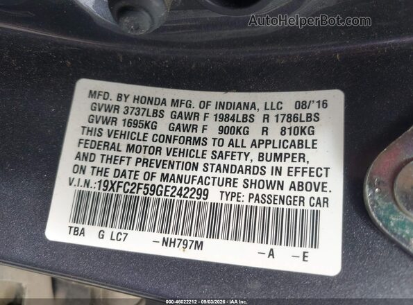 19XFC2F59GE242299 2016 HONDA CIVIC Gray Вид підкапотного простору