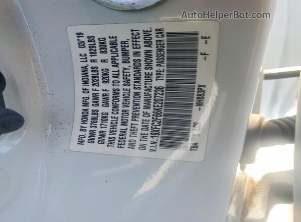 19XFC2F66KE207236 2019 HONDA CIVIC White VIN sticker view