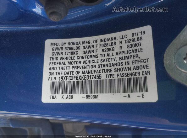 19XFC2F6XKE017455 2019 HONDA CIVIC Blue Շարժիչի բաժամունքի տեսք