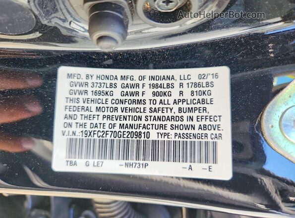 19XFC2F70GE209810 2016 HONDA CIVIC Black Widok komory silnika