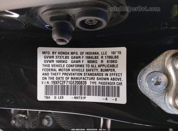19XFC2F71GE200839 2016 HONDA CIVIC Black ძრავის განყოფილების ხედი