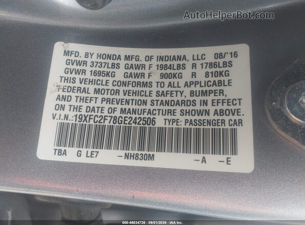 19XFC2F78GE242506 2016 HONDA CIVIC Silver ძრავის განყოფილების ხედი