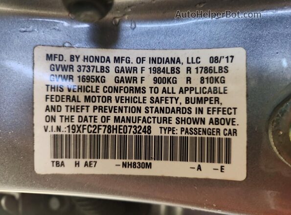 19XFC2F78HE073248 2017 HONDA CIVIC Silver Vista de la etiqueta del VIN