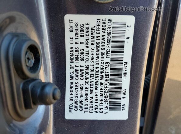 19XFC2F79HE071749 2017 HONDA CIVIC Gray Вид підкапотного простору