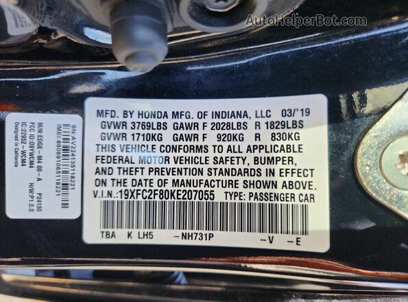 19XFC2F80KE207055 2019 HONDA CIVIC Black VIN კოდის სტიკერის ხედი