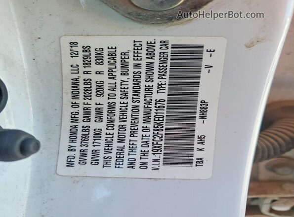 19XFC2F85KE011676 2019 HONDA CIVIC Белый Вид подкапотного пространства
