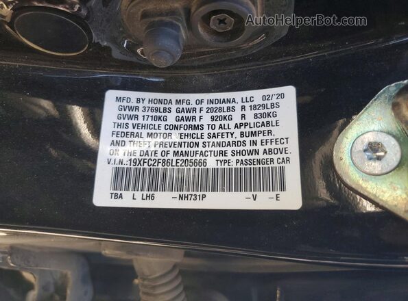 19XFC2F86LE205666 2020 HONDA CIVIC Black ძრავის განყოფილების ხედი
