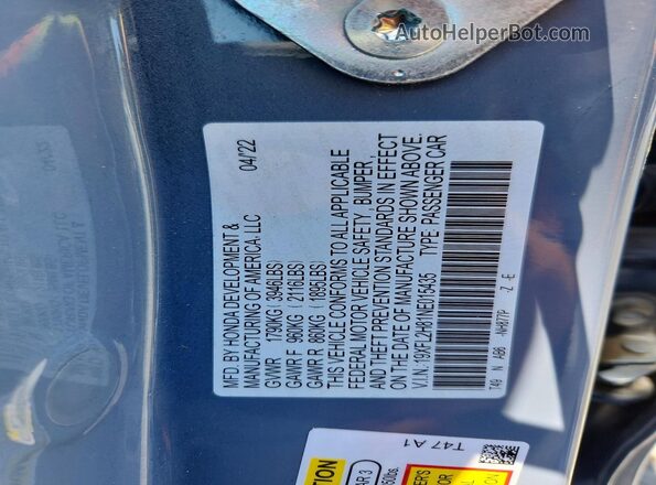 19XFL2H81NE015435 2022 HONDA CIVIC Gray Widok naklejki z numerem VIN