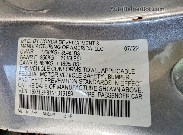 19XFL2H81NE019159 2022 HONDA CIVIC Серебряный Вид наклейки с VIN-кодом