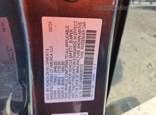 19XFL2H84SE000732 2025 HONDA CIVIC Gray VIN კოდის სტიკერის ხედი