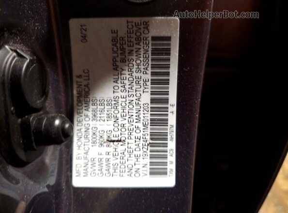 19XZE4F51ME011203 2021 HONDA INSIGHT Gray VIN კოდის სტიკერის ხედი