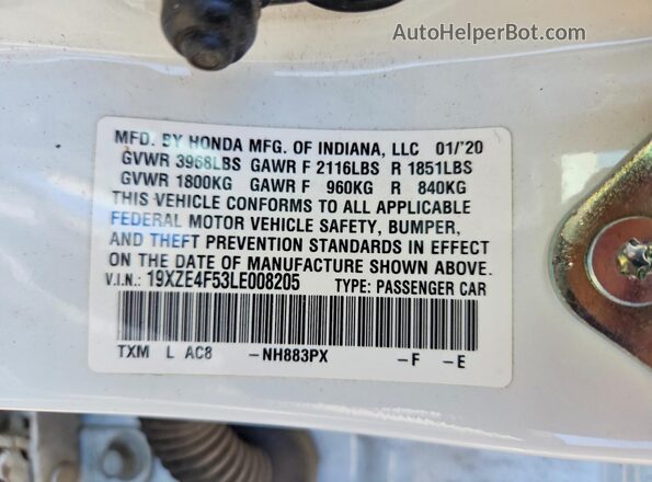 19XZE4F53LE008205 2020 HONDA INSIGHT Белый Вид подкапотного пространства