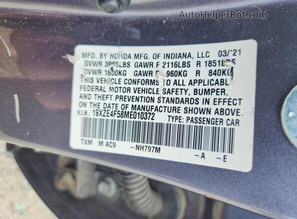 19XZE4F58ME010372 2021 HONDA INSIGHT Gray ძრავის განყოფილების ხედი