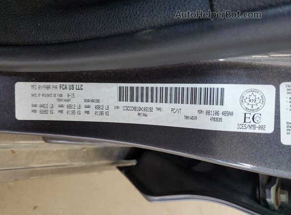 1C3CCCAB1GN103192 2016 CHRYSLER 200 Gray Вид наклейки з VIN-кодом