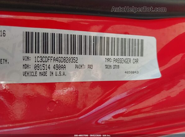 1C3CDFFA4GD820352 2016 DODGE DART Red Շարժիչի բաժամունքի տեսք