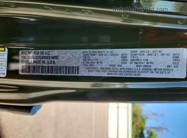 1C4HJXDG8MW814092 2021 JEEP WRANGLER Green Widok naklejki z numerem VIN