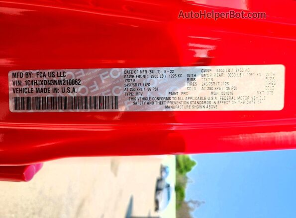1C4HJXDN3NW210062 2022 JEEP WRANGLER Красный Вид наклейки с VIN-кодом