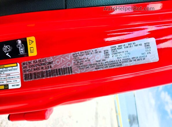 1C4HJXFG2NW213887 2022 JEEP WRANGLER Красный Вид наклейки с VIN-кодом