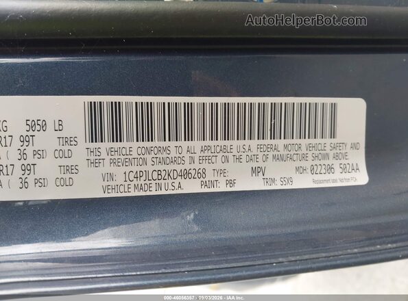 1C4PJLCB2KD406268 2019 JEEP CHEROKEE Синий Вид подкапотного пространства