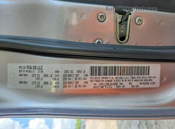 1C4PJLCB8LD614298 2020 JEEP CHEROKEE Gray Vista de la etiqueta del VIN