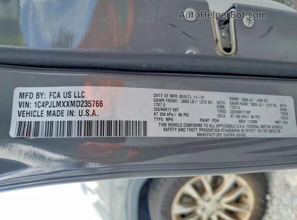 1C4PJLMXXD235766 2021 JEEP CHEROKEE Gray Widok naklejki z numerem VIN