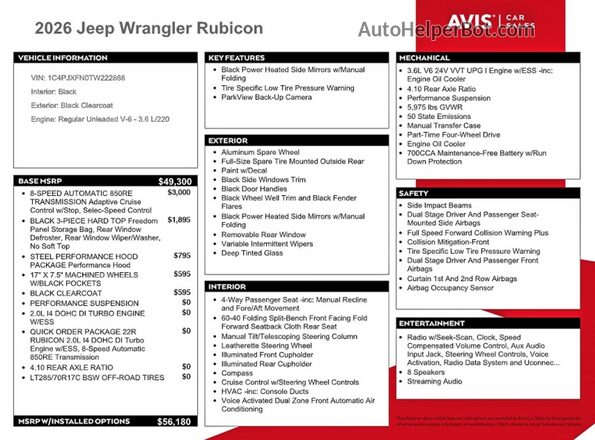 1C4PJXFN0TW222868 2026 JEEP WRANGLER Black VIN sticker view
