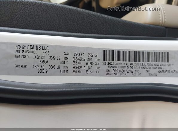 1C4RDJAG2KC769968 2019 DODGE DURANGO White Вид підкапотного простору