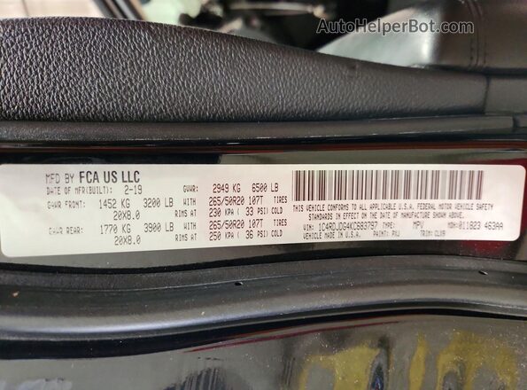 1C4RDJDG4KC683797 2019 DODGE DURANGO Black Widok naklejki z numerem VIN