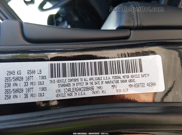 1C4RJEAG4KC698496 2019 JEEP GRAND CHEROKEE Black Widok komory silnika