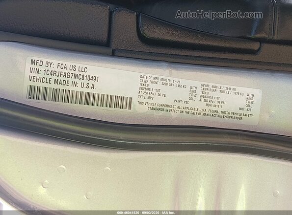 1C4RJFAG7MC810491 2021 JEEP GRAND CHEROKEE Silver ძრავის განყოფილების ხედი