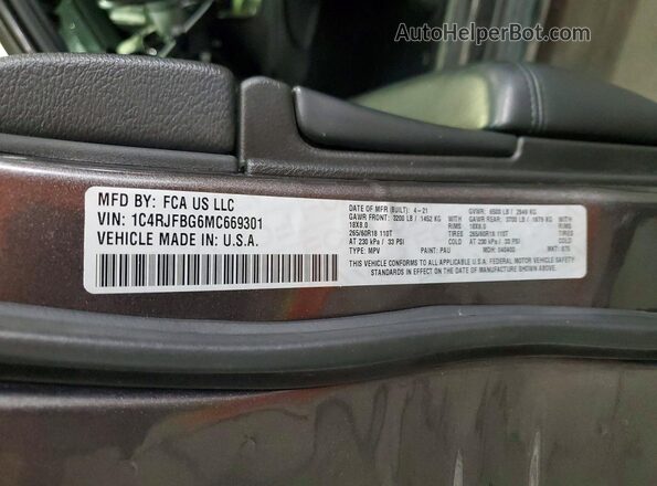 1C4RJFBG6MC669301 2021 JEEP GRAND Gray VIN կոդի պիտակի տեսք
