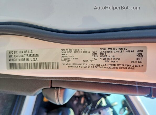 1C4RJKAG7R8533876 2024 JEEP GRAND White Widok naklejki z numerem VIN