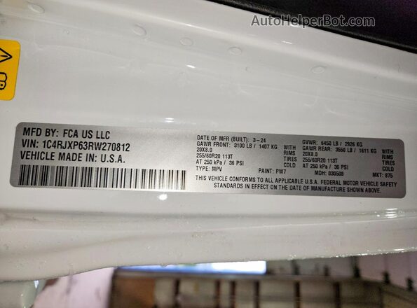 1C4RJXP63RW270812 2024 JEEP WRANGLER White VIN კოდის სტიკერის ხედი